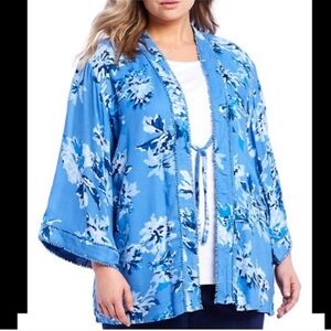 Allison Daley Indigo Blue Orchid Floral Tie Front Kimono Jacket.